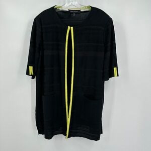 Ming Wang Womens Old Money Open Front Cardigan Size L Black Neon Yellow Trim